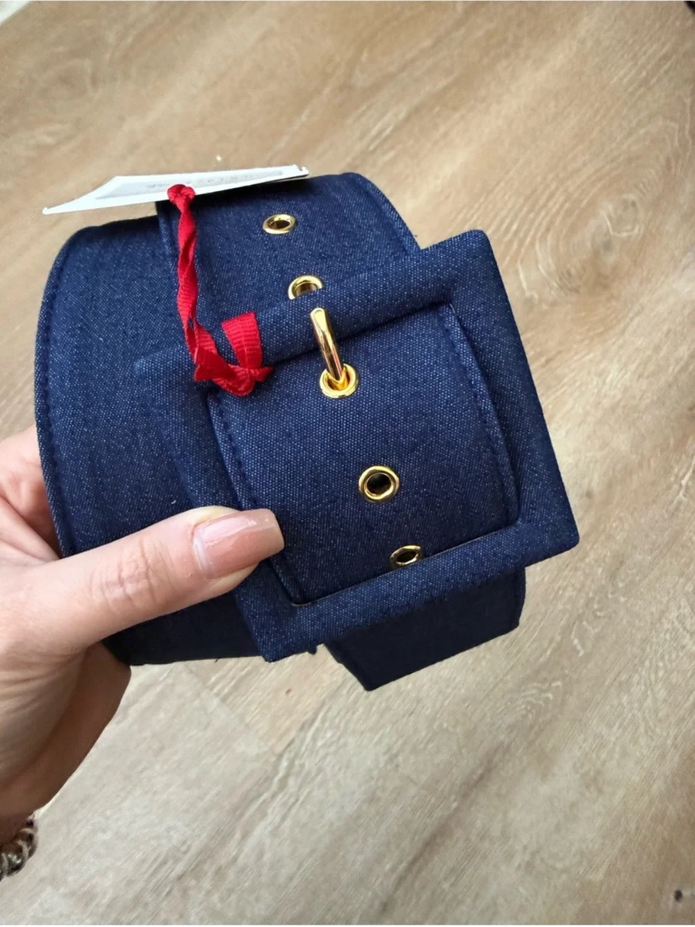 Carolina Herrera Navy Wide Denim Fabric Belt with Covered Square Buckle NWT XL